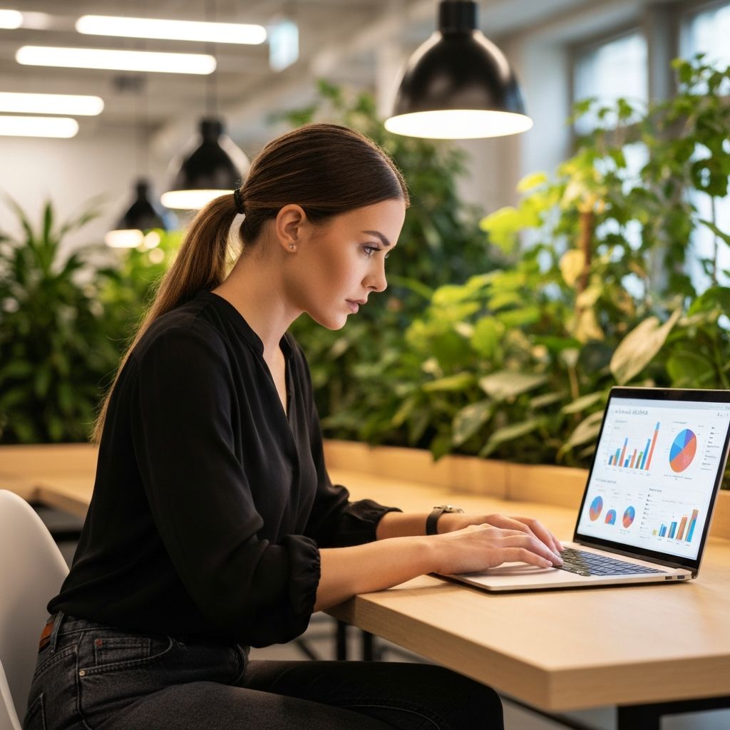 Giovane donna che studia data analytics al computer